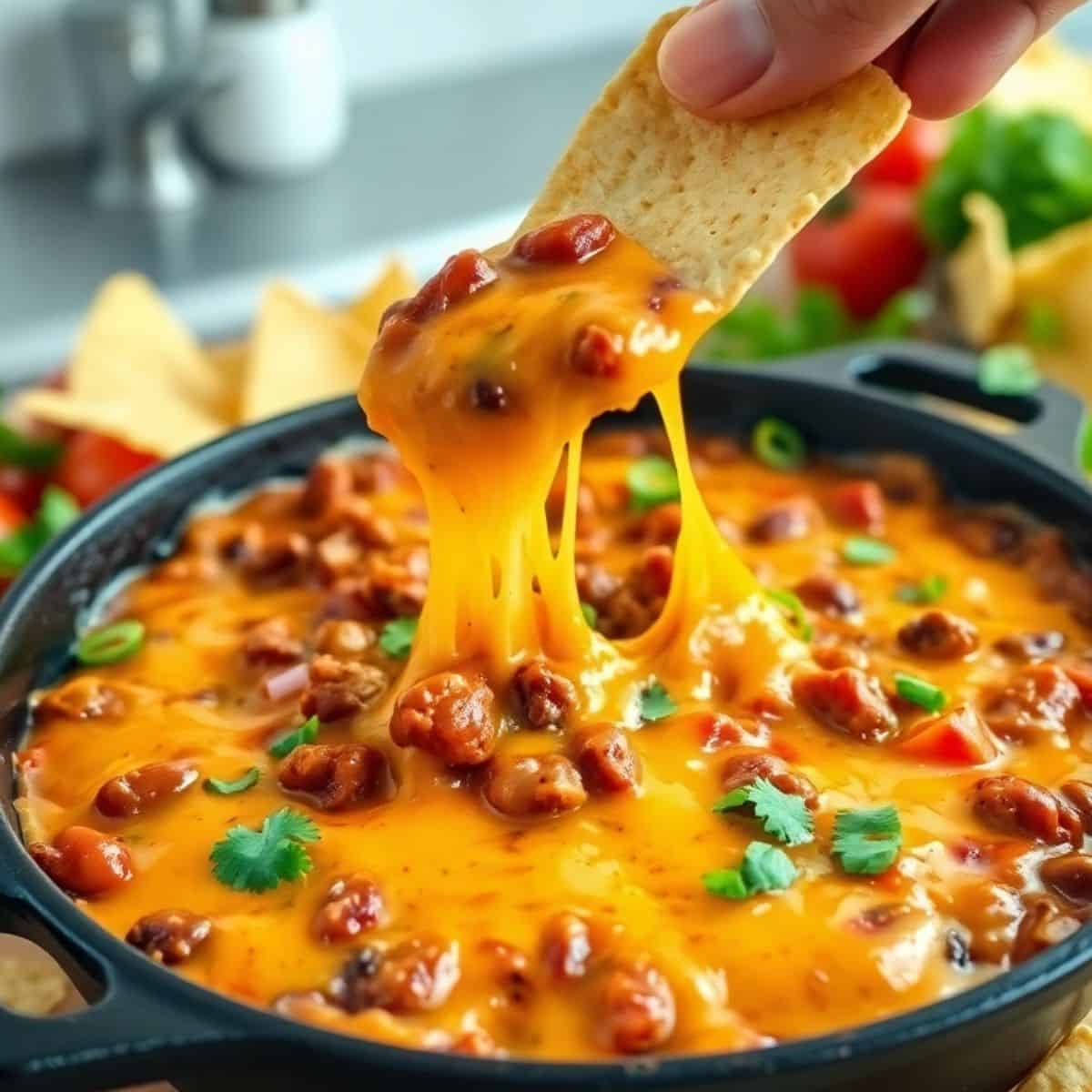 Cowboy queso dip with melted cheese, beans, and cilantro garnish on tortilla chip in cast iron skillet.