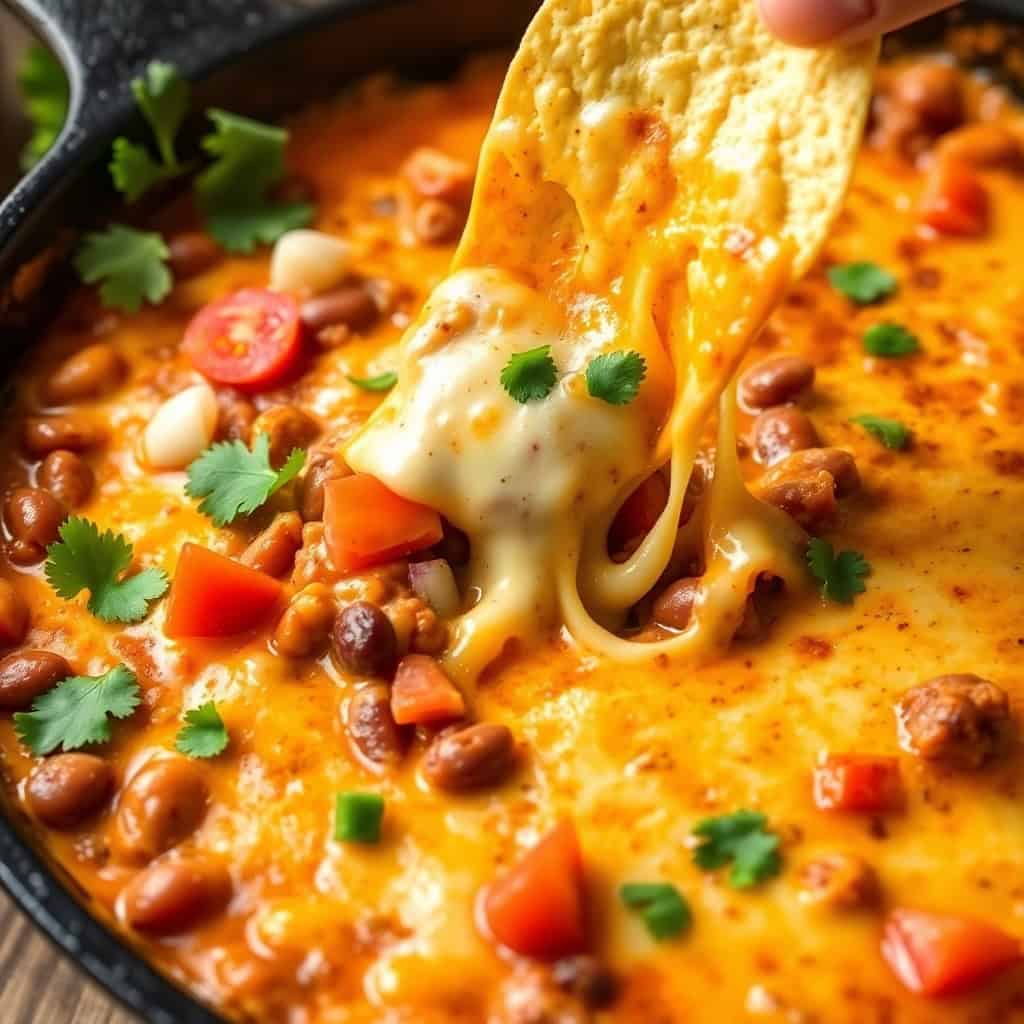 Cowboy queso dip with melted cheese, beans, peppers, and cilantro garnish being scooped with tortilla chip.