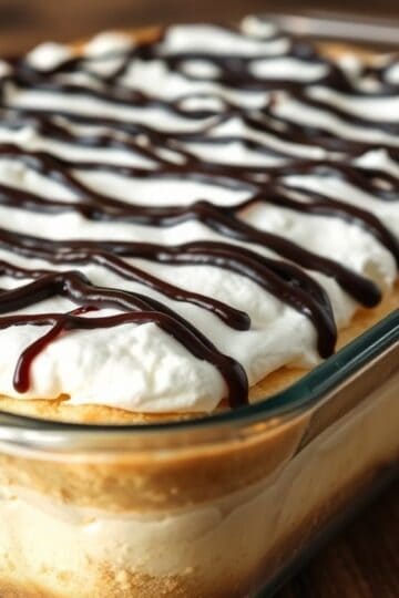 Cream puff cake in glass baking dish topped with whipped cream and chocolate drizzle.