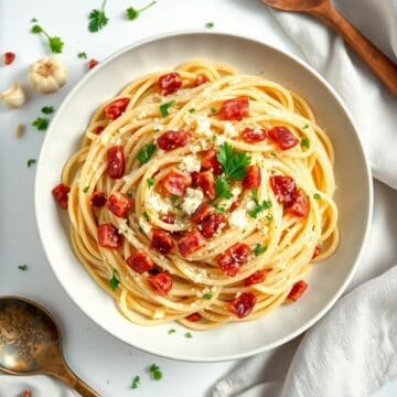creamy bacon pasta close up bowl parmesan garnish