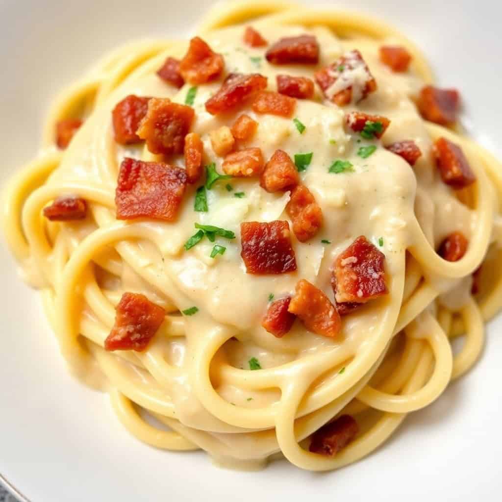 creamy bacon pasta in skillet with parmesan and parsley garnish