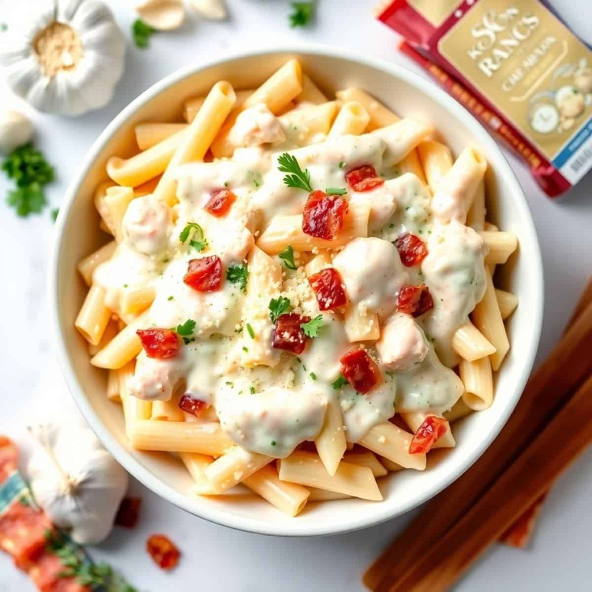 Creamy chicken bacon ranch pasta with crispy fries, fresh parsley, and red pepper garnish in white bowl.