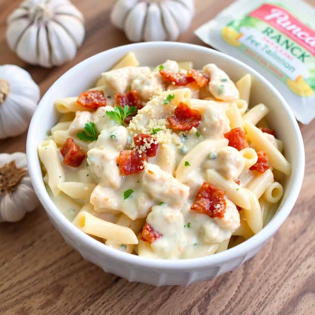 Creamy chicken bacon ranch pasta in white bowl, garnished with red peppers and fresh parsley.