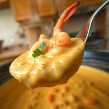 Creamy crab and shrimp bisque served in a bowl, garnished with shrimp and fresh parsley.