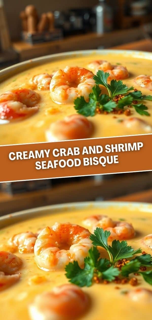 Creamy crab and shrimp seafood bisque served in white bowl, garnished with parsley and red pepper flakes.