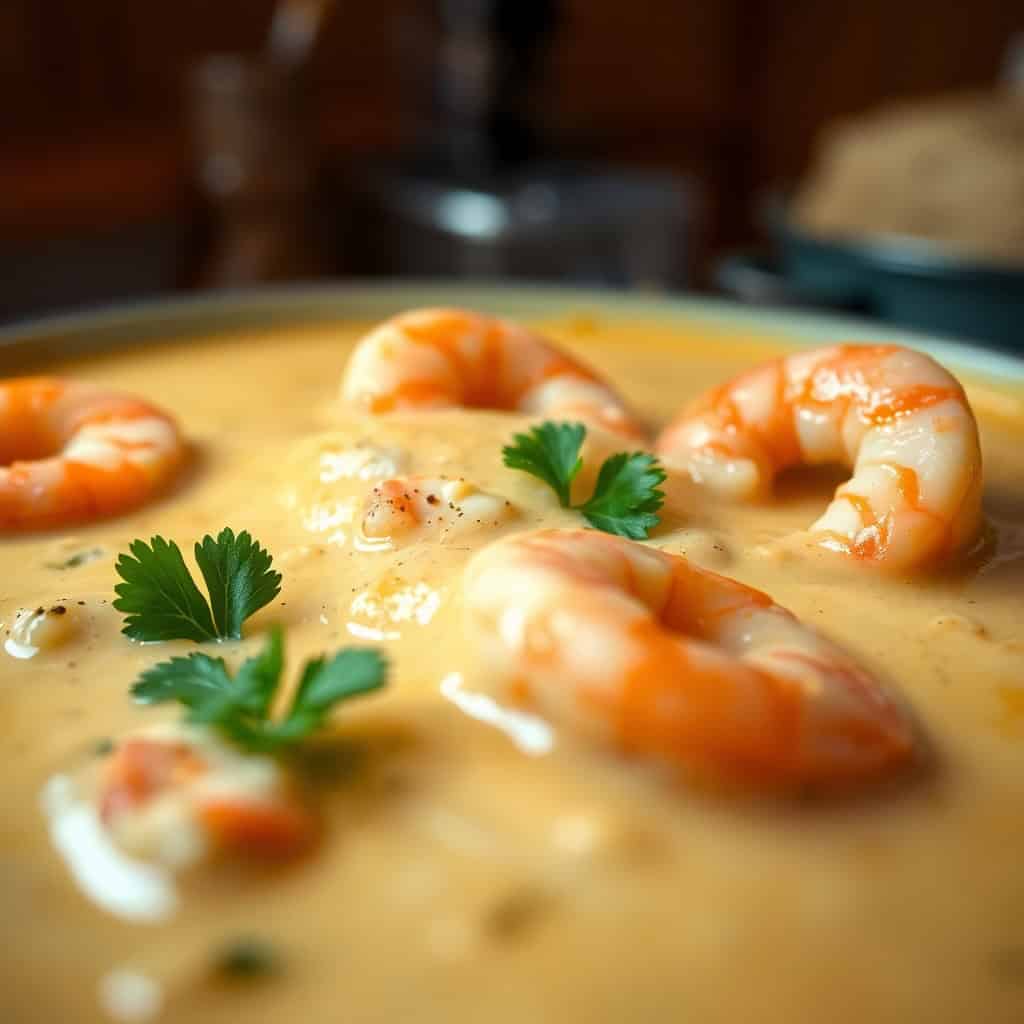Creamy seafood bisque with shrimp and crab garnished with parsley in a shallow bowl.