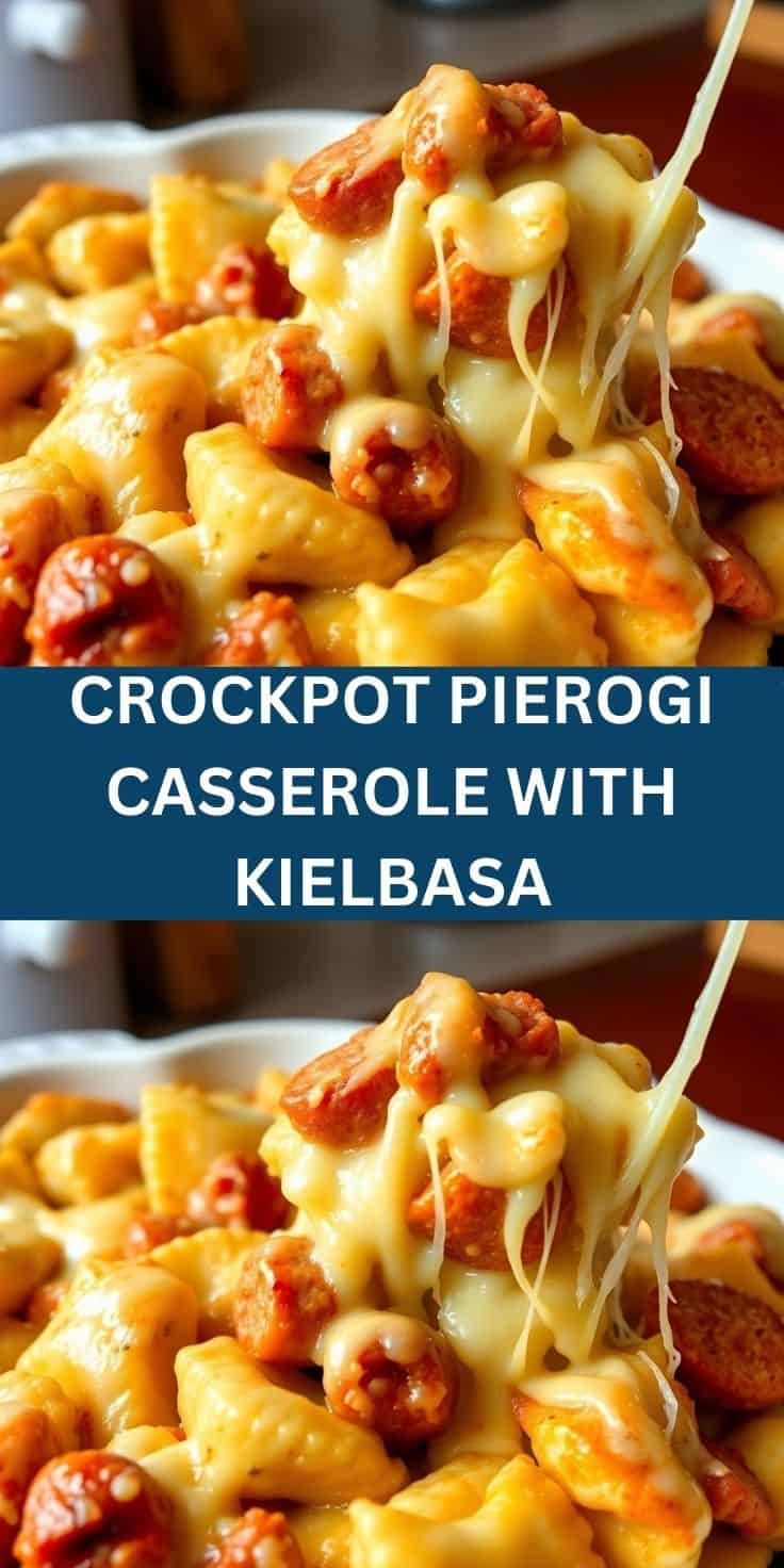 Crockpot pierogi casserole with kielbasa showing melted cheese, pasta, and sausage on a fork.