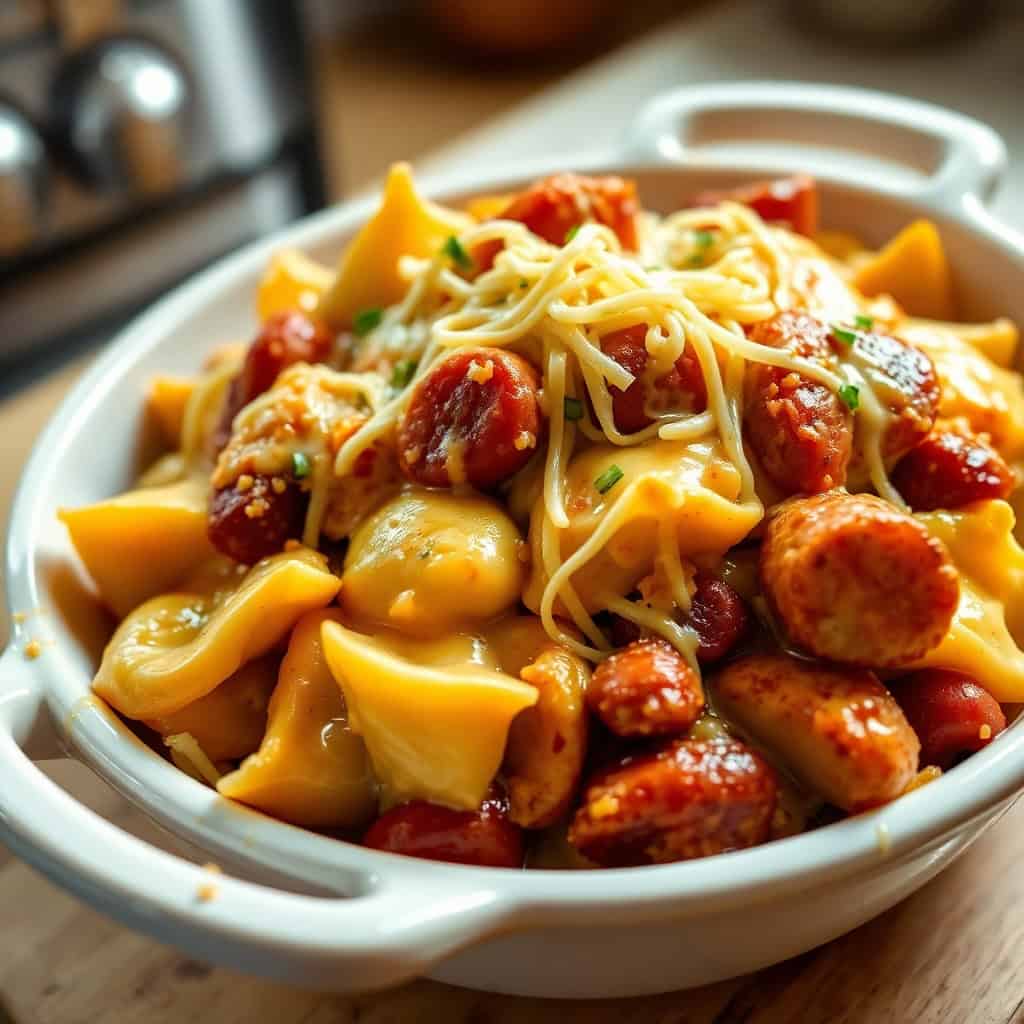 Crockpot pierogi casserole with kielbasa in white bowl, topped with chives and sour cream.