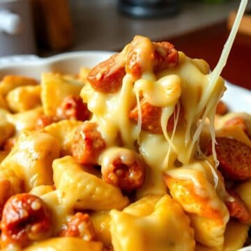 Crockpot pierogi casserole with kielbasa sausage and melted cheese being lifted on a fork.