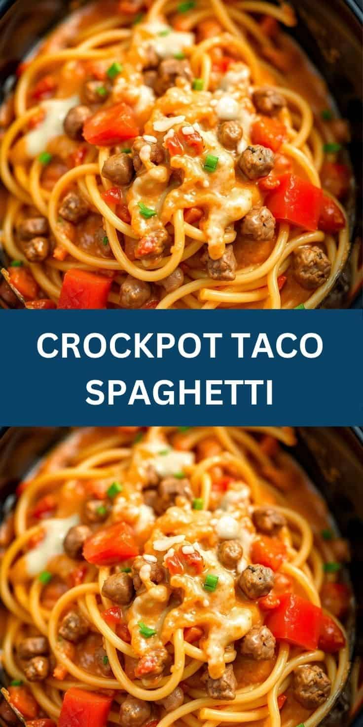 Crockpot taco spaghetti in black slow cooker with ground beef, red peppers, cheese, and green onions.