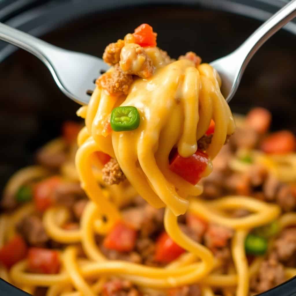 Crockpot taco spaghetti on fork with ground beef, red peppers, and jalapeño slice over dark pot.