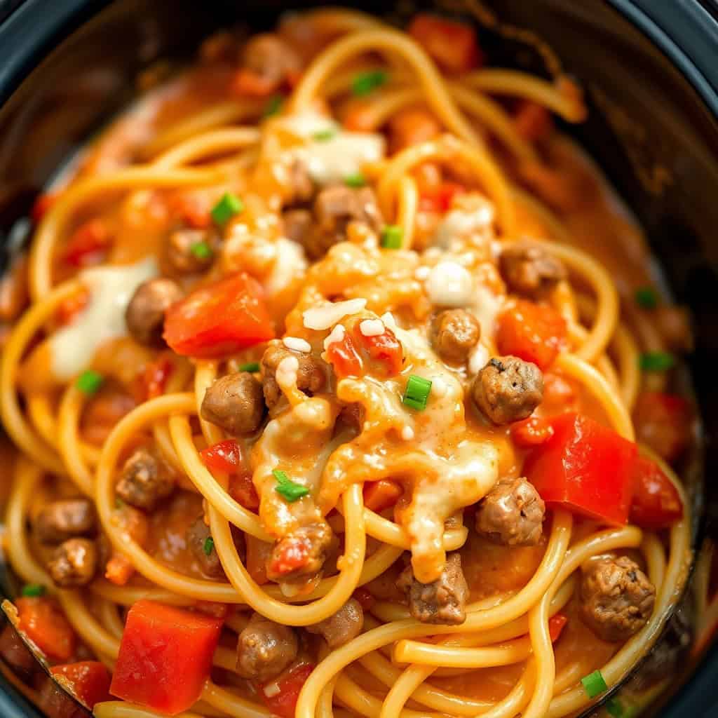Crockpot taco spaghetti with ground beef, red peppers, melted cheese, sesame seeds, and green onions in slow cooker.