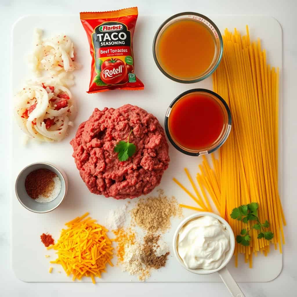 Crockpot taco spaghetti ingredients arranged on white plate: ground beef, pasta, cheese, sour cream, and seasonings.