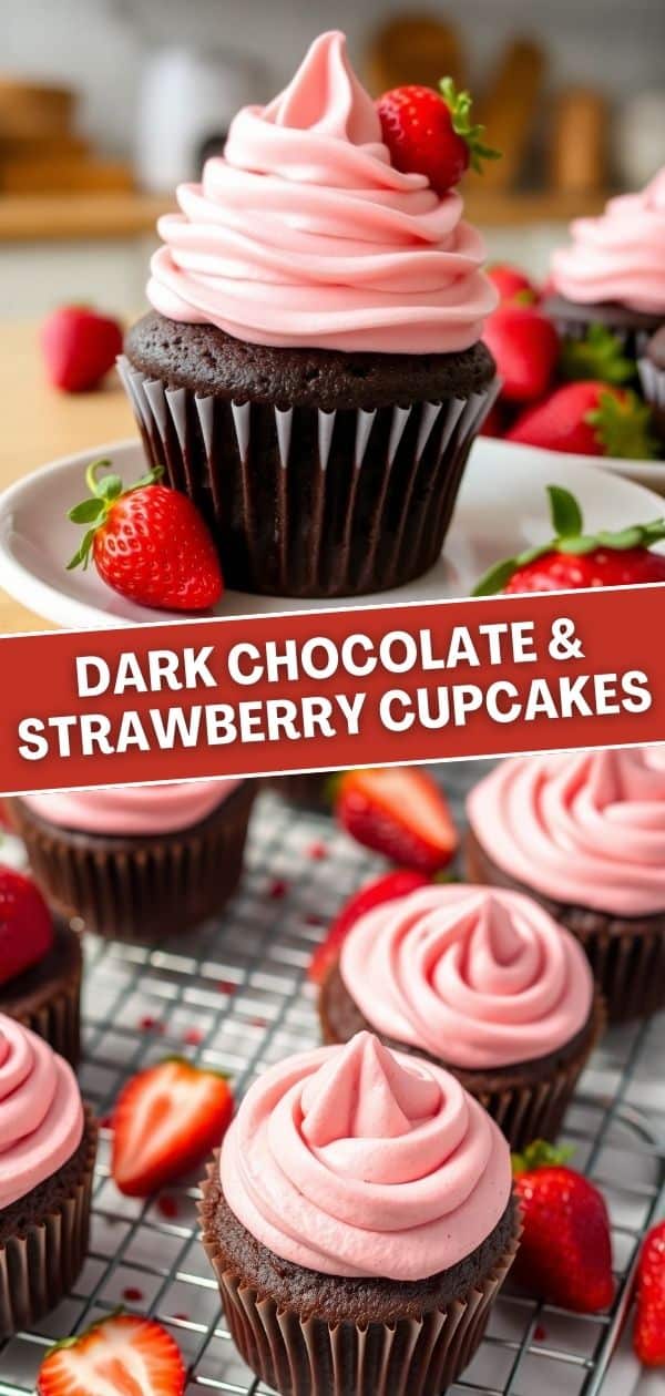 Dark chocolate cupcakes with pink strawberry frosting topped with fresh strawberries on cooling rack.