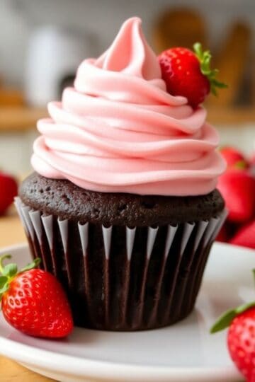 Dark chocolate cupcake with pink frosting, topped with fresh strawberry, on white plate with scattered berries.