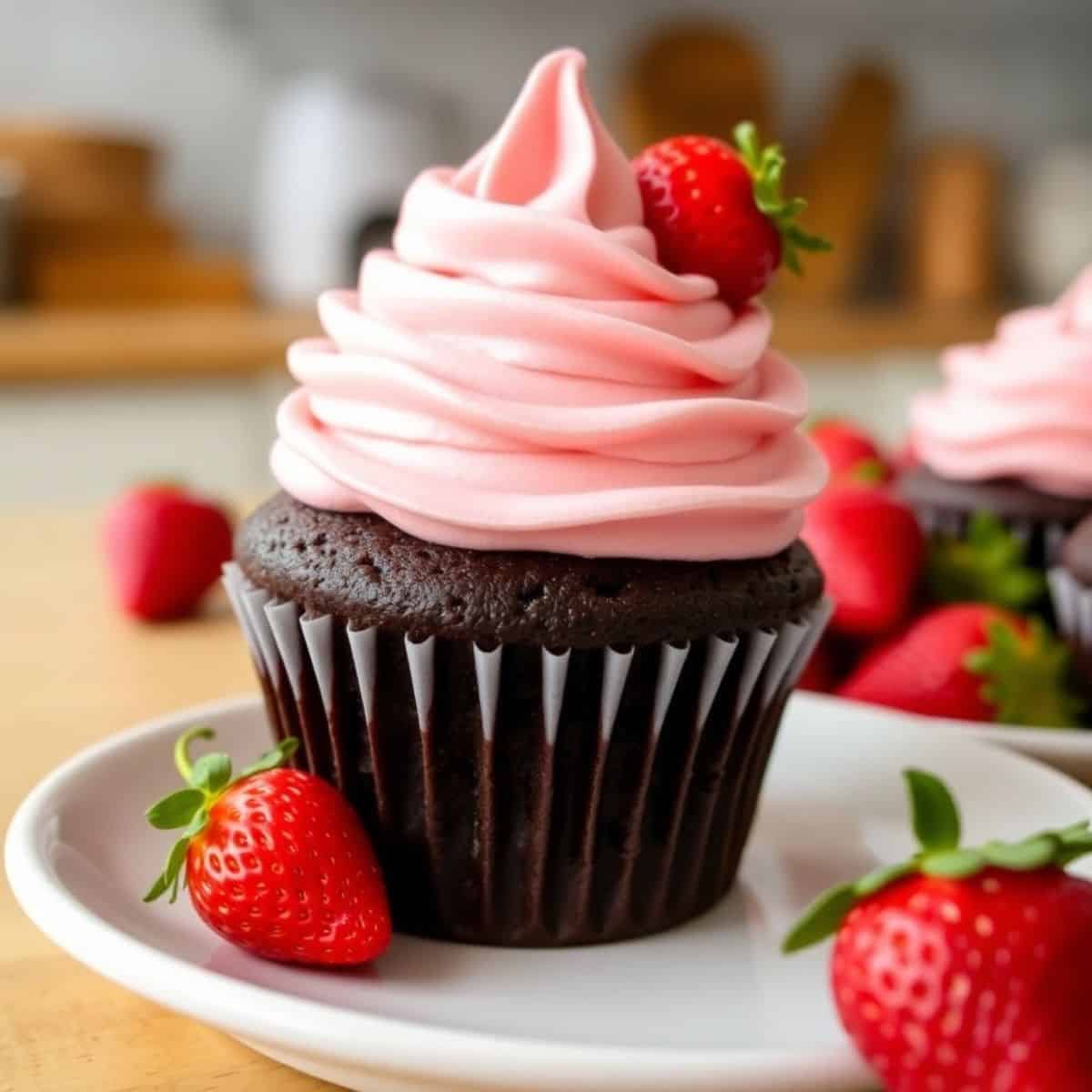 Dark chocolate cupcake with pink frosting, topped with fresh strawberry, on white plate with scattered berries.