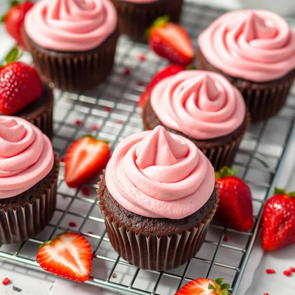 Dark chocolate cupcakes with pink frosting rosettes and fresh strawberry garnish on cooling rack.