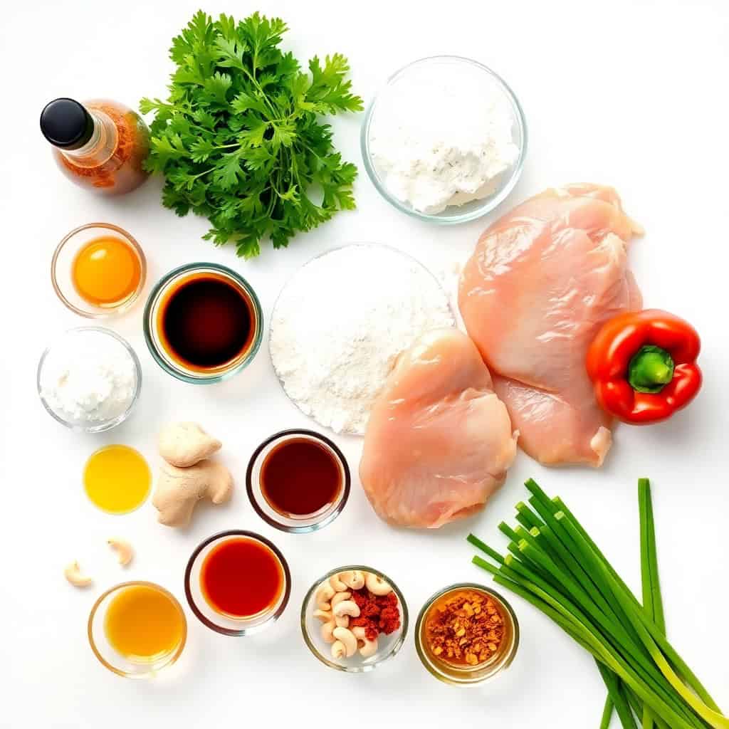 Dragon Chicken ingredients laid out: raw chicken breasts, fresh cilantro, red bell pepper, green onions, and various sauce...