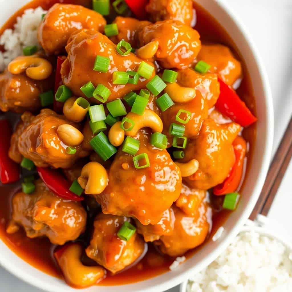 Dragon Chicken with glossy orange sauce, cashews, red peppers, green onions in white bowl with rice.