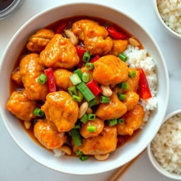 Dragon chicken in glossy orange sauce with peanuts, red peppers, green onions, served over white rice.