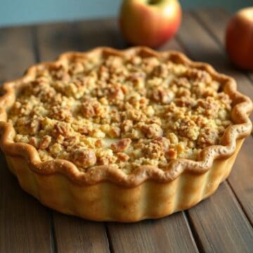 Dutch Apple Pie with golden crust and crumb topping on wooden surface with fresh apples.