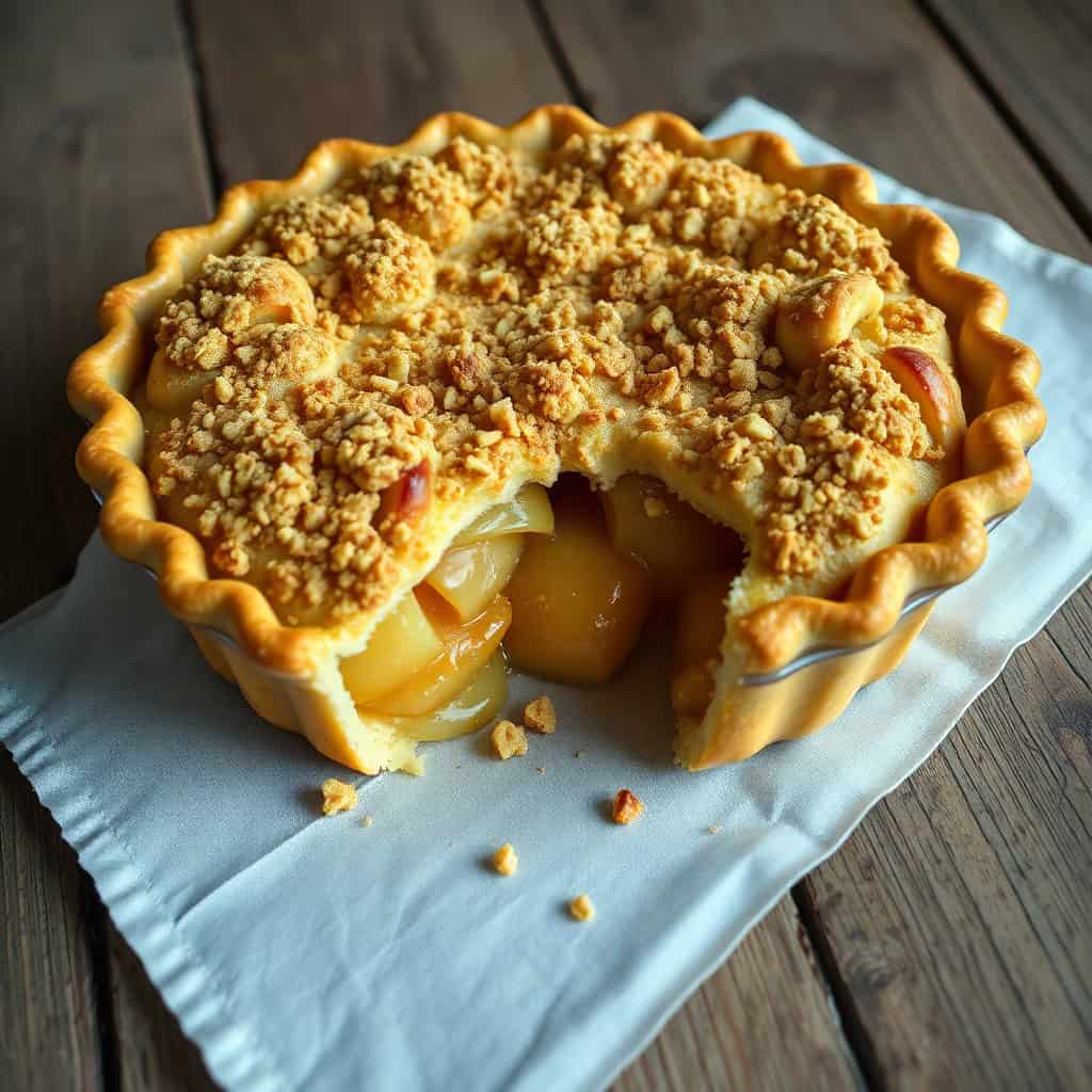 Dutch apple pie with golden crust, streusel topping, and visible apple filling on parchment paper.
