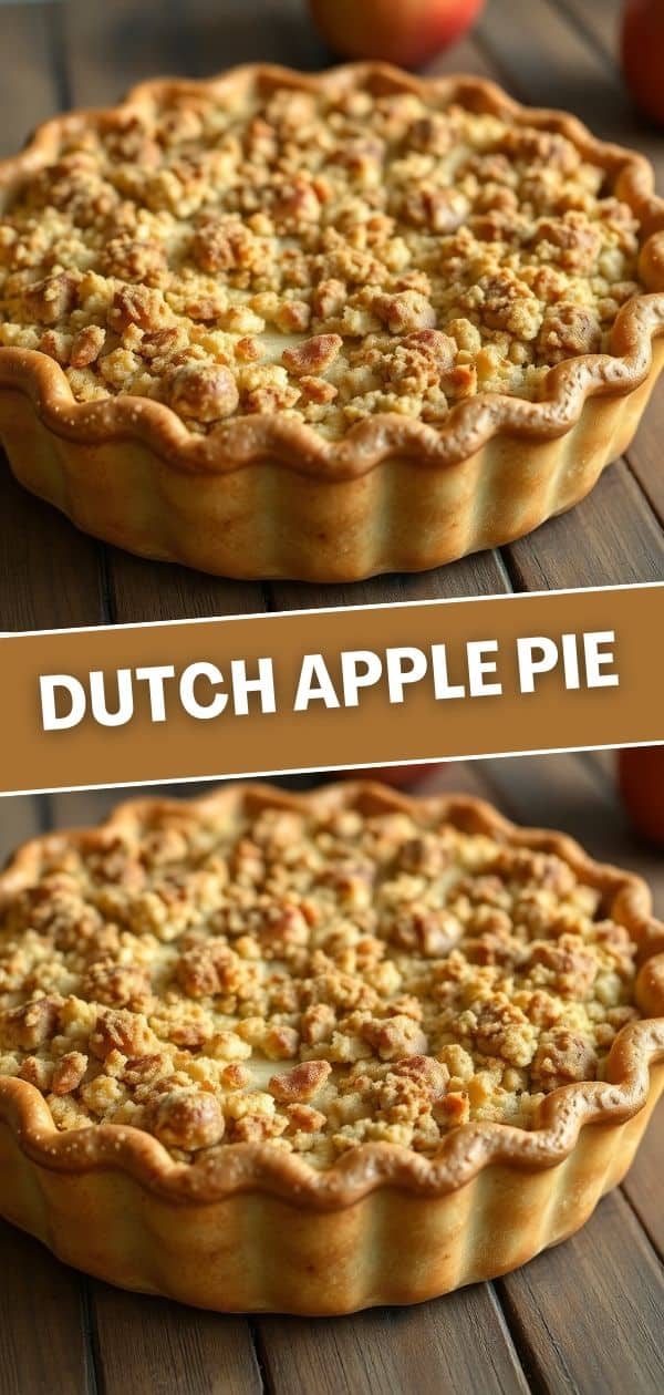 Dutch apple pie with crumbly streusel topping in fluted pie dish on wooden surface.
