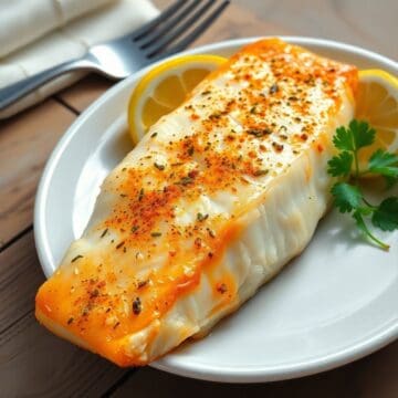 Baked cod fillet topped with spices, lemon slices, and parsley on white plate.