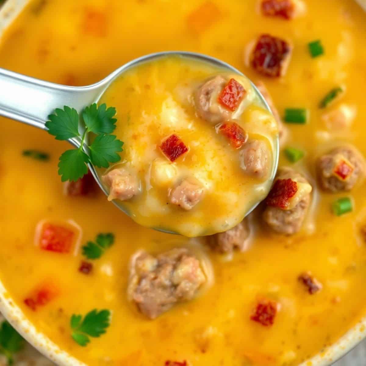 Cheeseburger soup in a bowl with ground beef, potatoes, red peppers, melted cheese, and fresh parsley garnish.