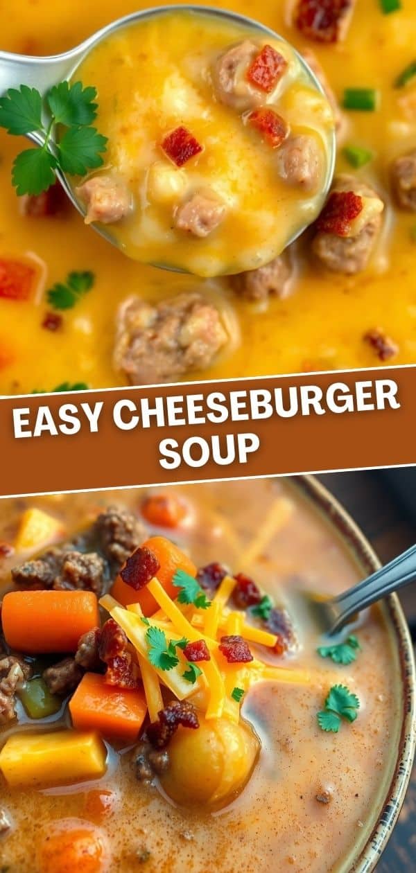 Easy Cheeseburger Soup with ground beef, potatoes, melted cheese, bacon, and fresh cilantro garnish.