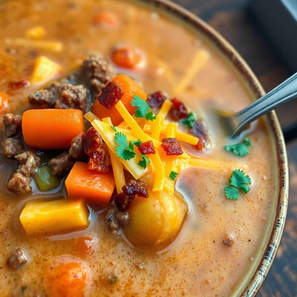 Cheeseburger soup in bowl with ground beef, vegetables, cheese, bacon, and cilantro garnish.