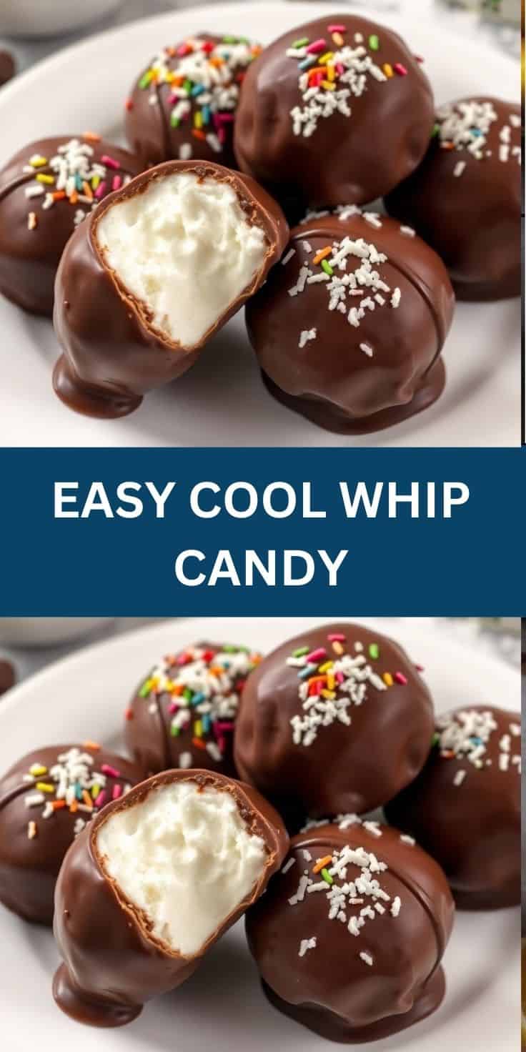 Chocolate-covered Cool Whip candies with white sprinkles and colorful nonpareils on white plate, one cut in half revealing...