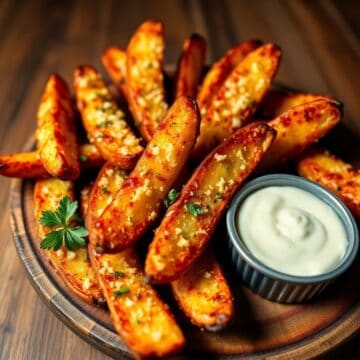 garlic parmesan potato wedges served on platter with fresh parsley