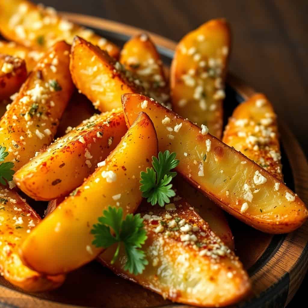 garlic parmesan potato wedges crispy golden oven baked on baking sheet