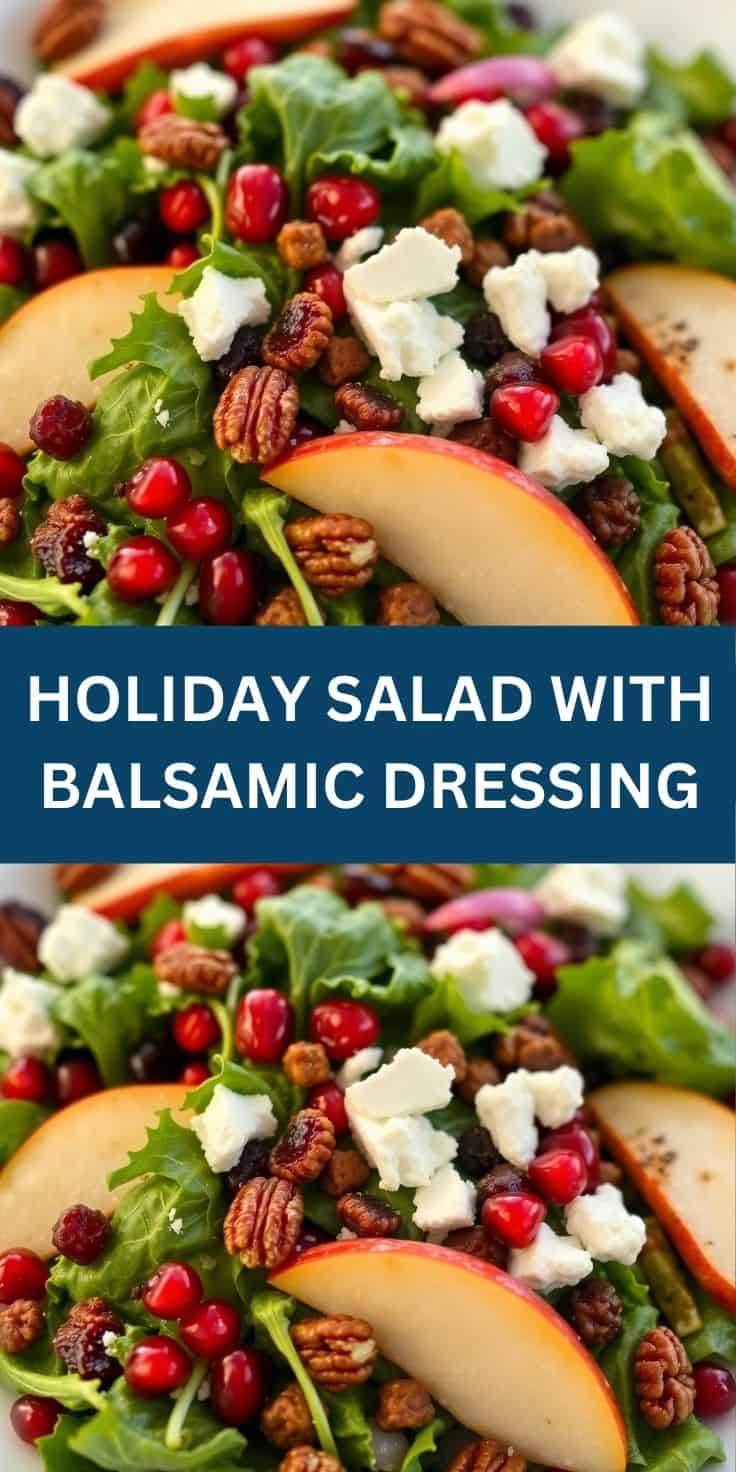 Holiday salad with sliced apples, pecans, pomegranate seeds, goat cheese, and greens on white plate.