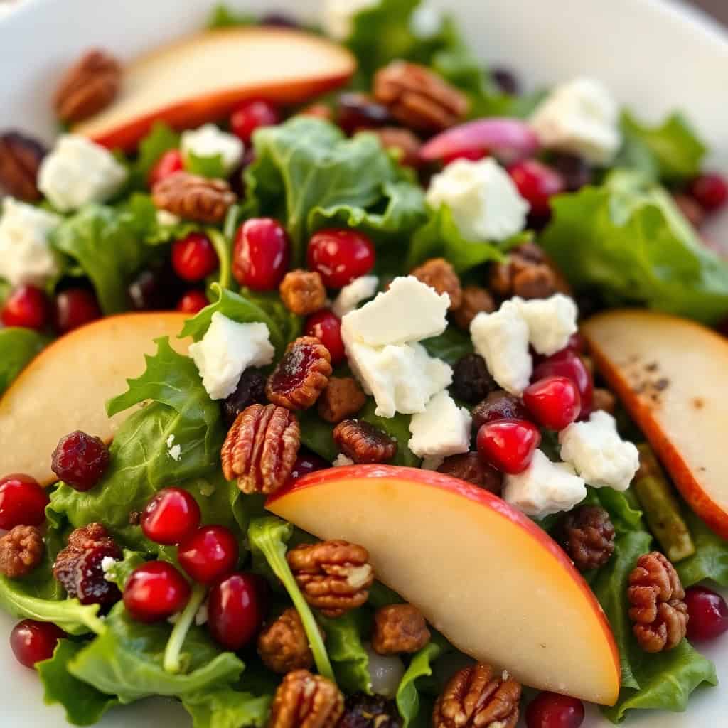 Holiday salad with mixed greens, apple slices, pecans, pomegranate seeds, and goat cheese on white plate.