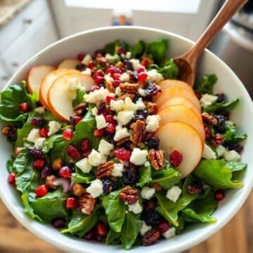 Holiday salad with mixed greens, sliced pears, pecans, dried cranberries, feta cheese in white bowl.