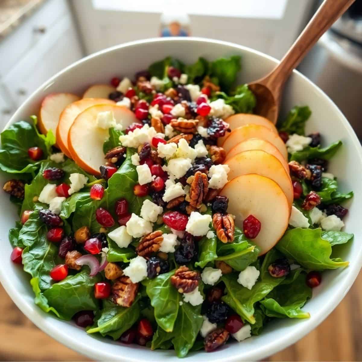 Holiday salad with mixed greens, sliced pears, pecans, dried cranberries, feta cheese in white bowl.