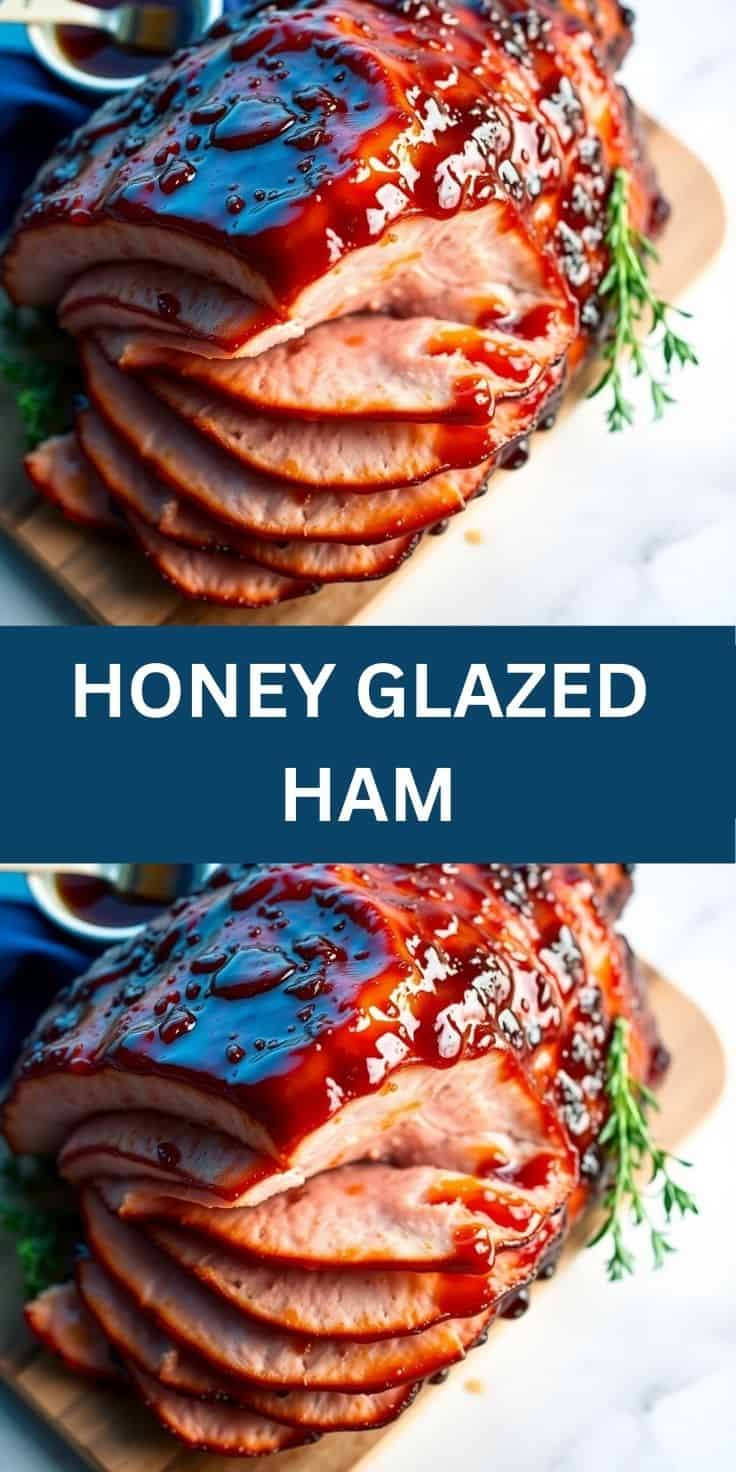 Sliced honey glazed ham with glossy caramelized coating and fresh rosemary garnish on wooden board.