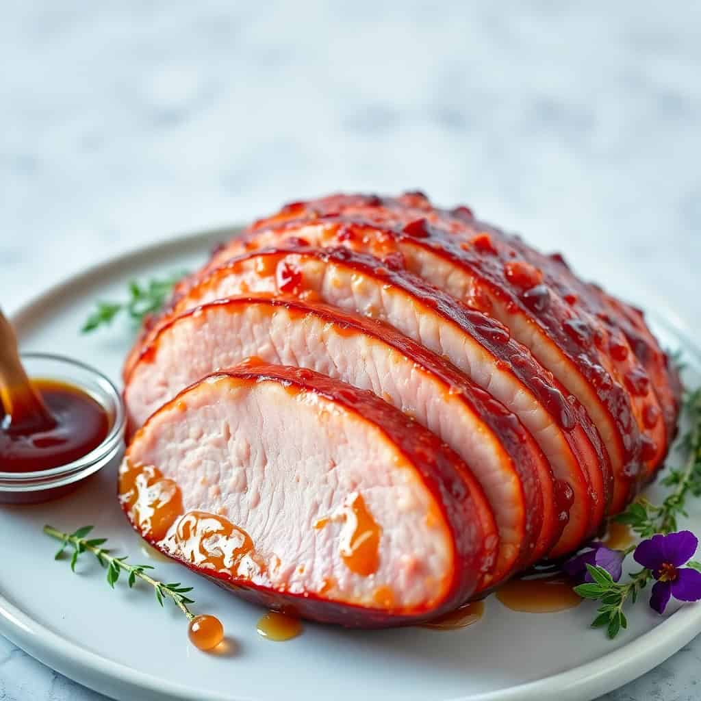 Honey glazed ham sliced on white plate with glaze, herbs, and edible flowers as garnish.