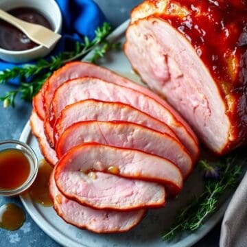 Sliced honey glazed ham with glossy caramelized exterior, fresh thyme garnish, and sauce bowls on slate plate.
