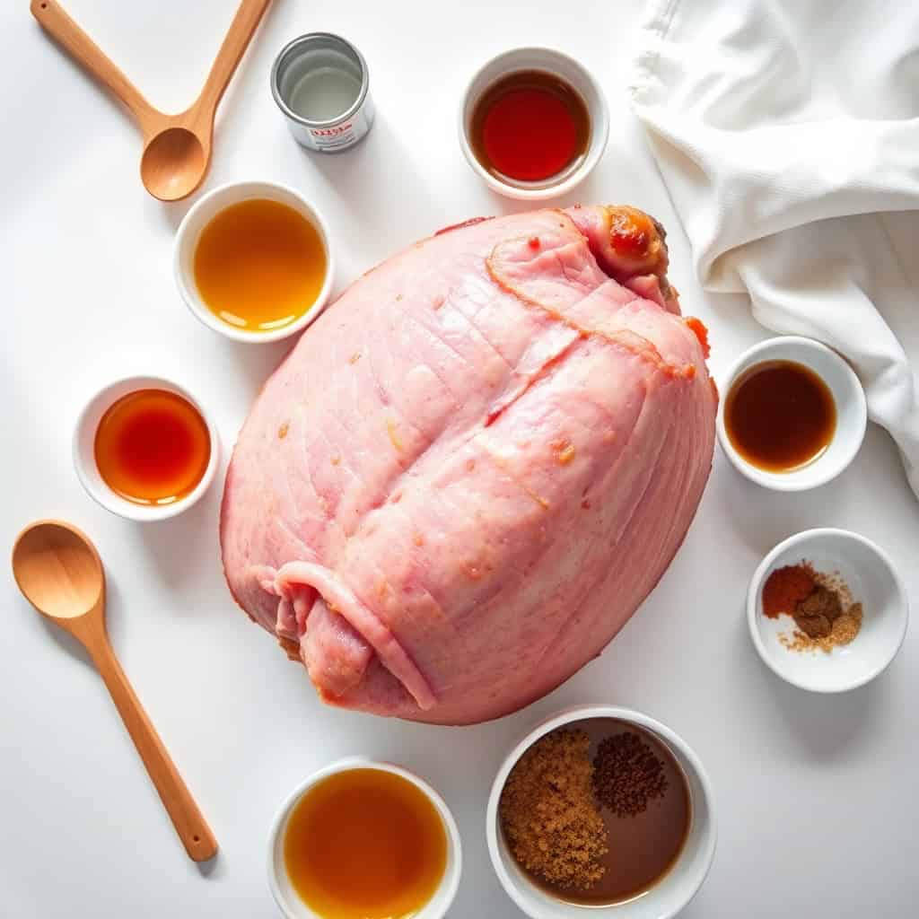 Raw ham surrounded by glazing ingredients including honey, sauces, spices, and wooden spoons on white surface.