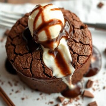 Hot fudge chocolate pudding cake topped with vanilla ice cream and caramel drizzle on white plate.