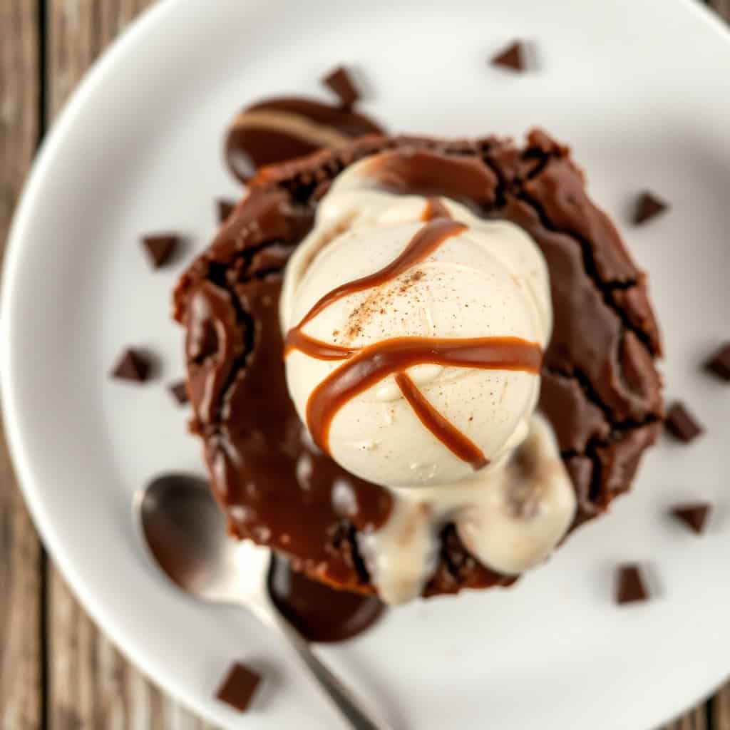 Hot fudge chocolate pudding cake with vanilla ice cream, chocolate drizzle, and cocoa powder on white plate.