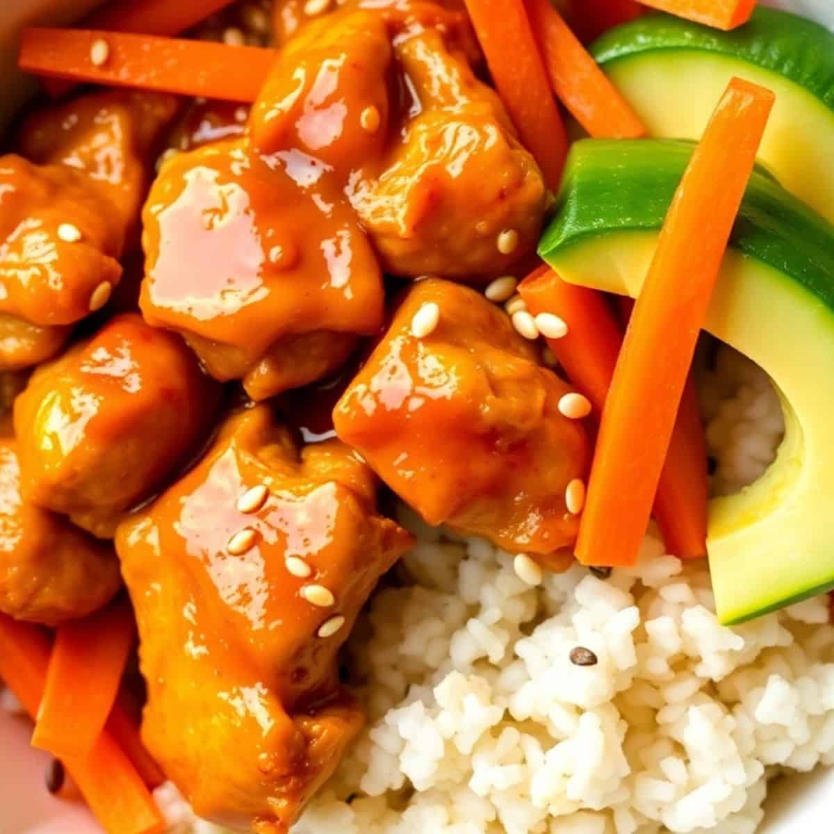 Hot honey chicken bowl with glazed chicken pieces, white rice, sesame seeds, and fresh avocado and red pepper garnish.