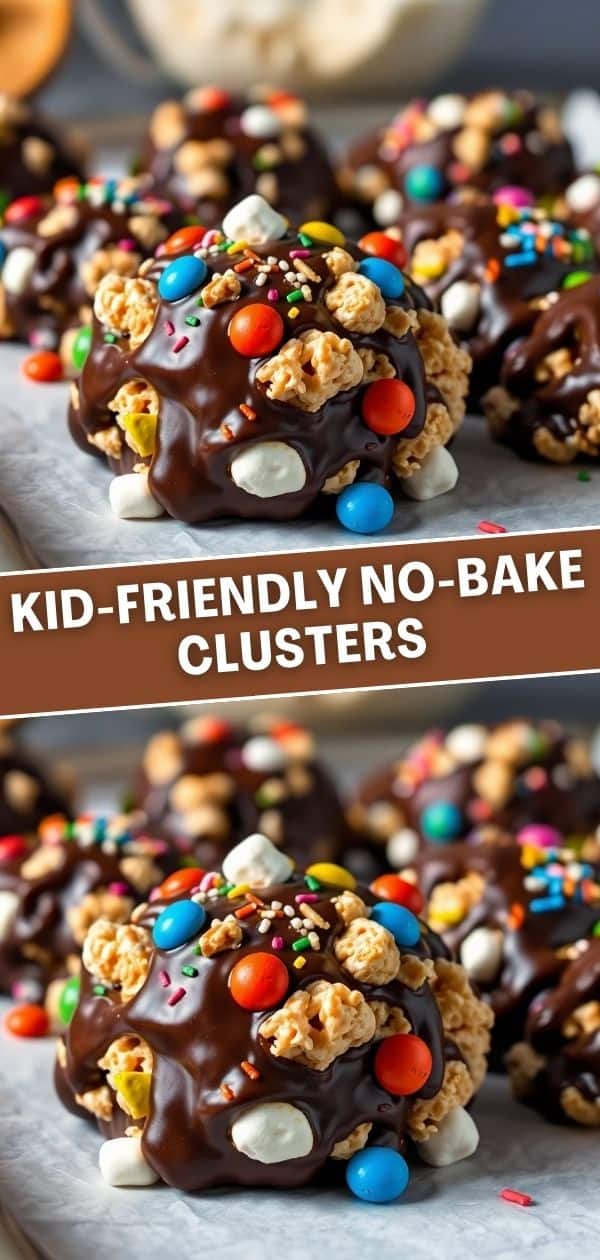 Chocolate no-bake clusters topped with colorful candies and cereal pieces on parchment paper.