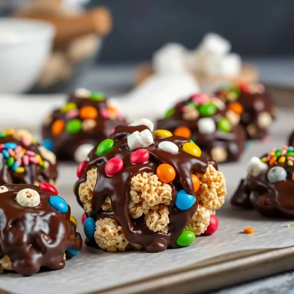 Chocolate no-bake clusters with colorful candies and marshmallows on gray parchment paper.
