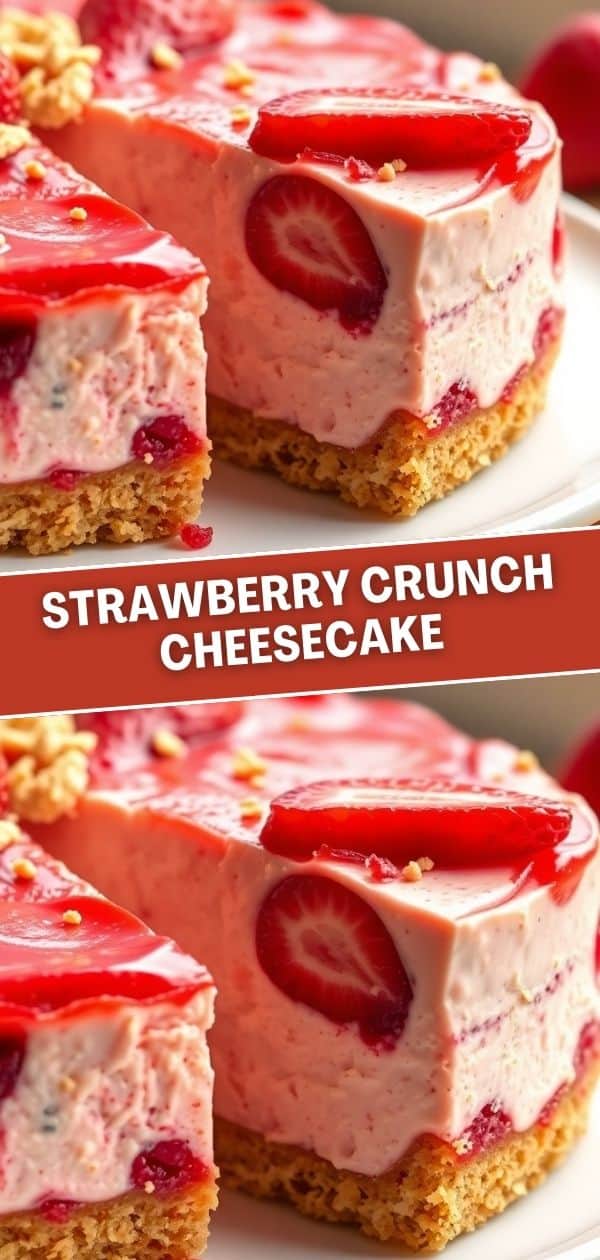 Sliced strawberry crunch cheesecake with graham cracker crust and fresh strawberry garnish on white plate.