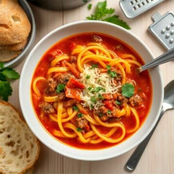 Lasagna soup in white bowl with ground beef, spiralized yellow peppers, red broth, cheese, and parsley garnish.