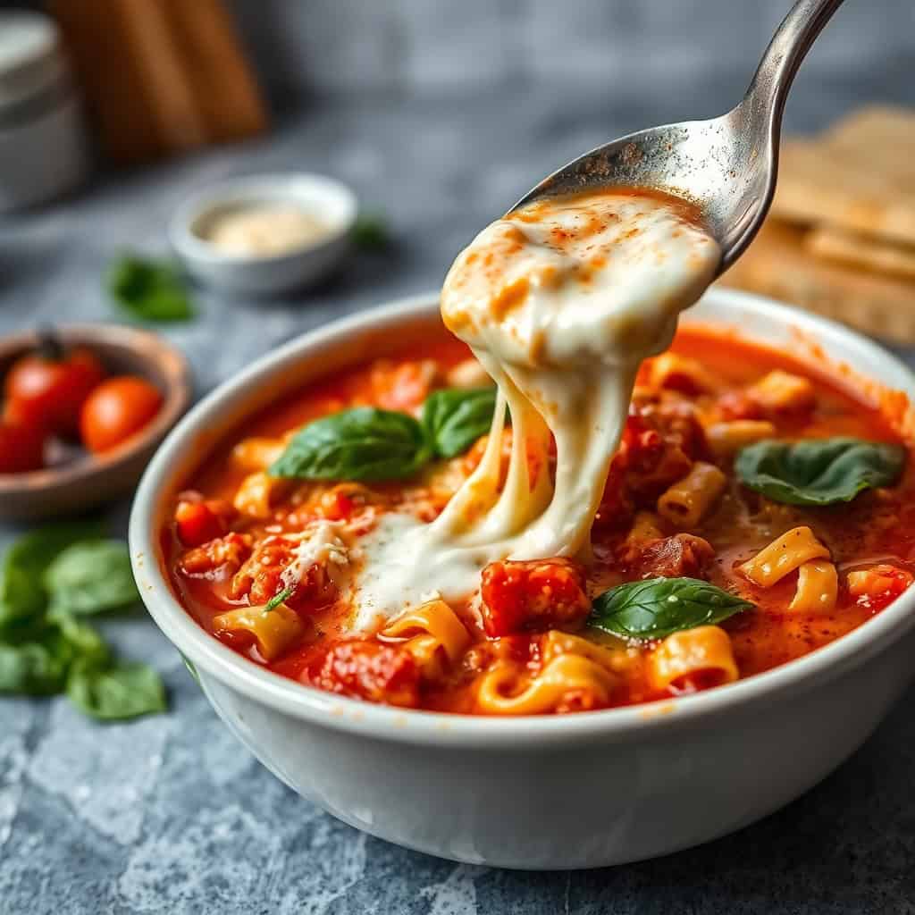 Lasagna soup with melted cheese stretching from a spoon, tomatoes, and fresh basil in a white bowl.